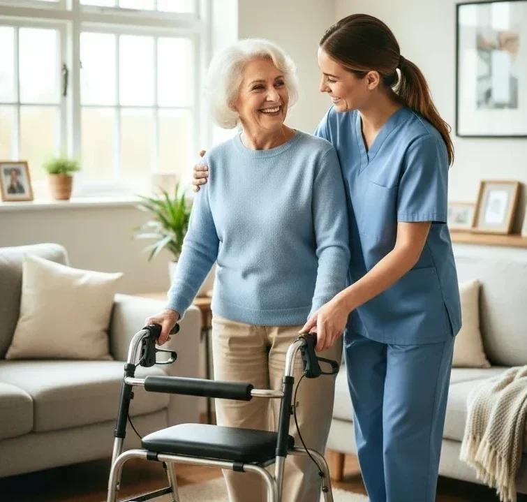 All Heart Home Care Caregiver Assiting Senior With Walker