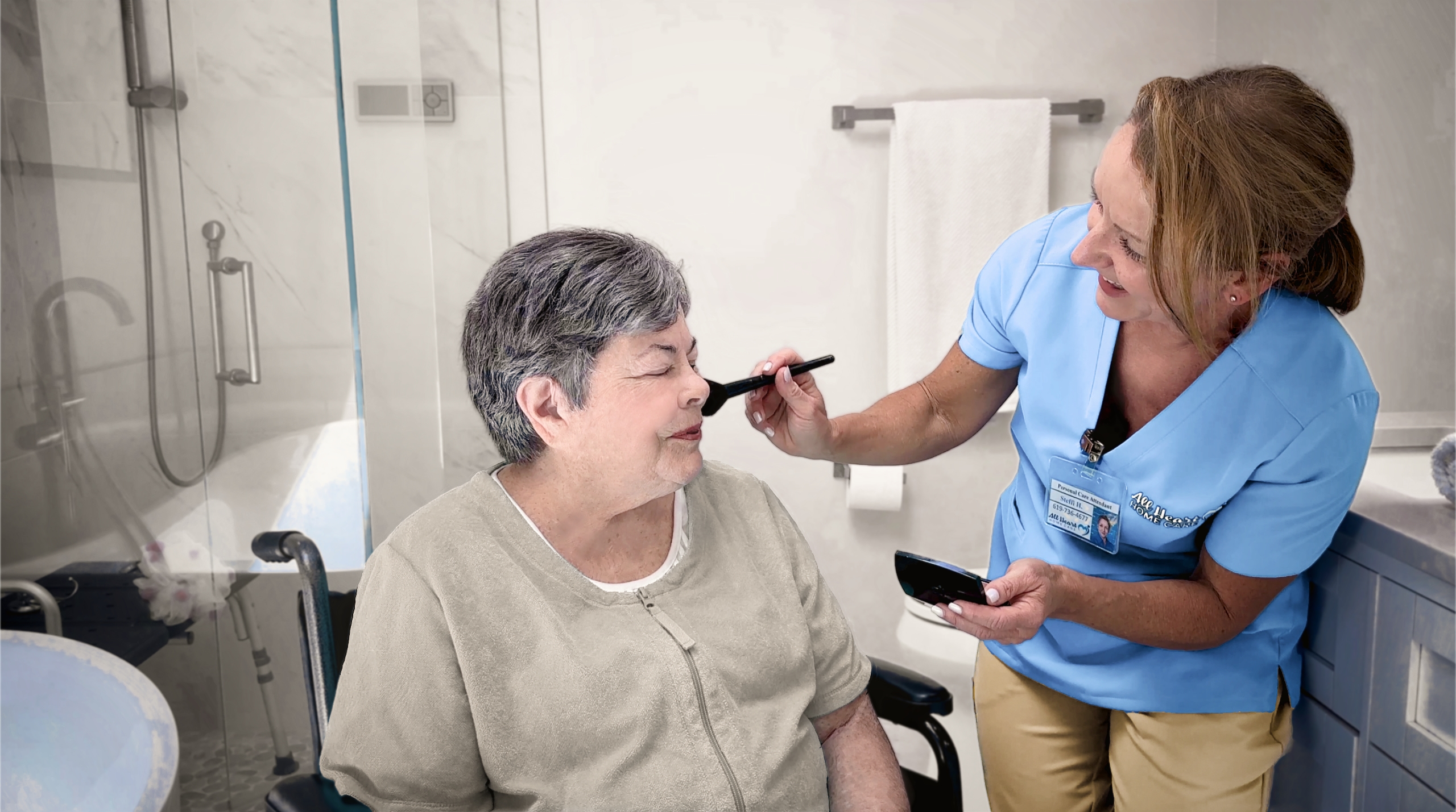 Services 8 All Heart Home Care Senior Caregiver Applying Makeup With Senior In Bathroom