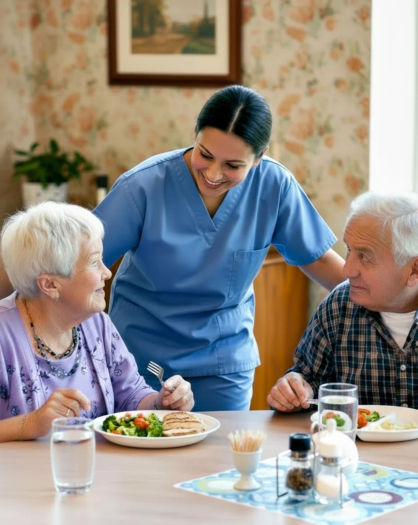 All Heart Home Care Seniors Enjoying A Meal With Caregiver