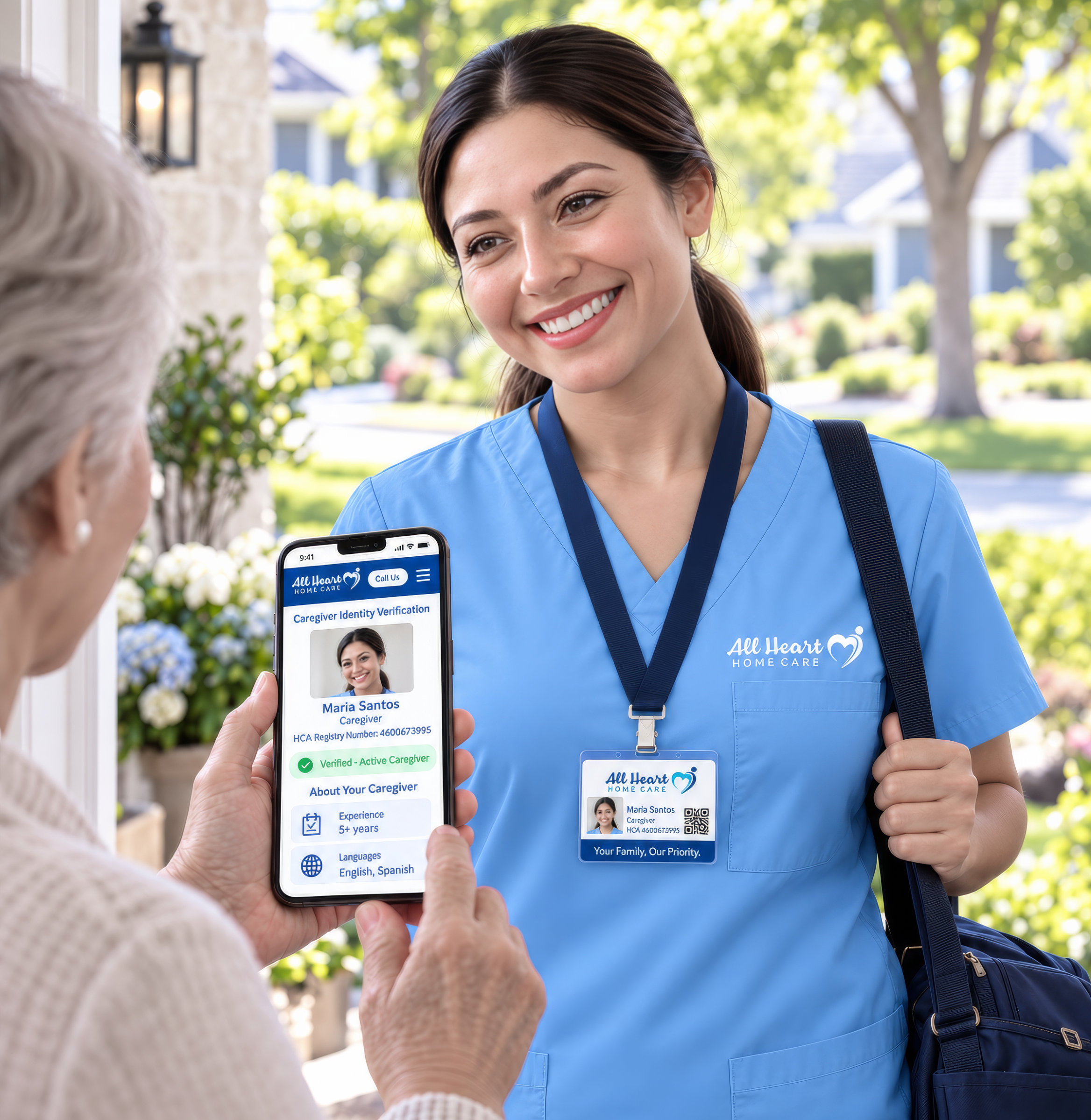 Caregiver Identification At Door Female Caregiver And Female Senior