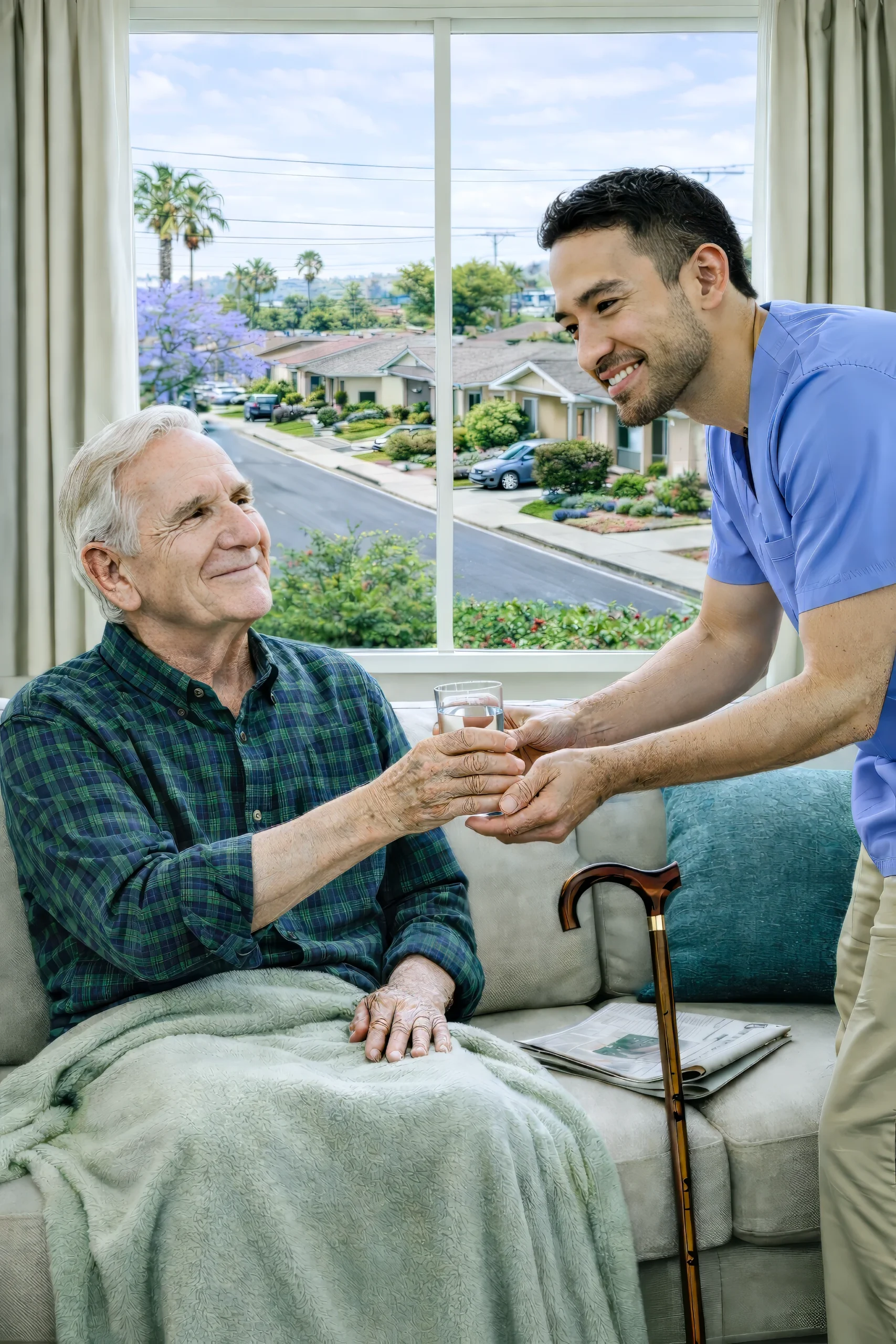 Clairemont Mesa In Home Care Senior Man With Male Caregiver Handing Glass Of Water