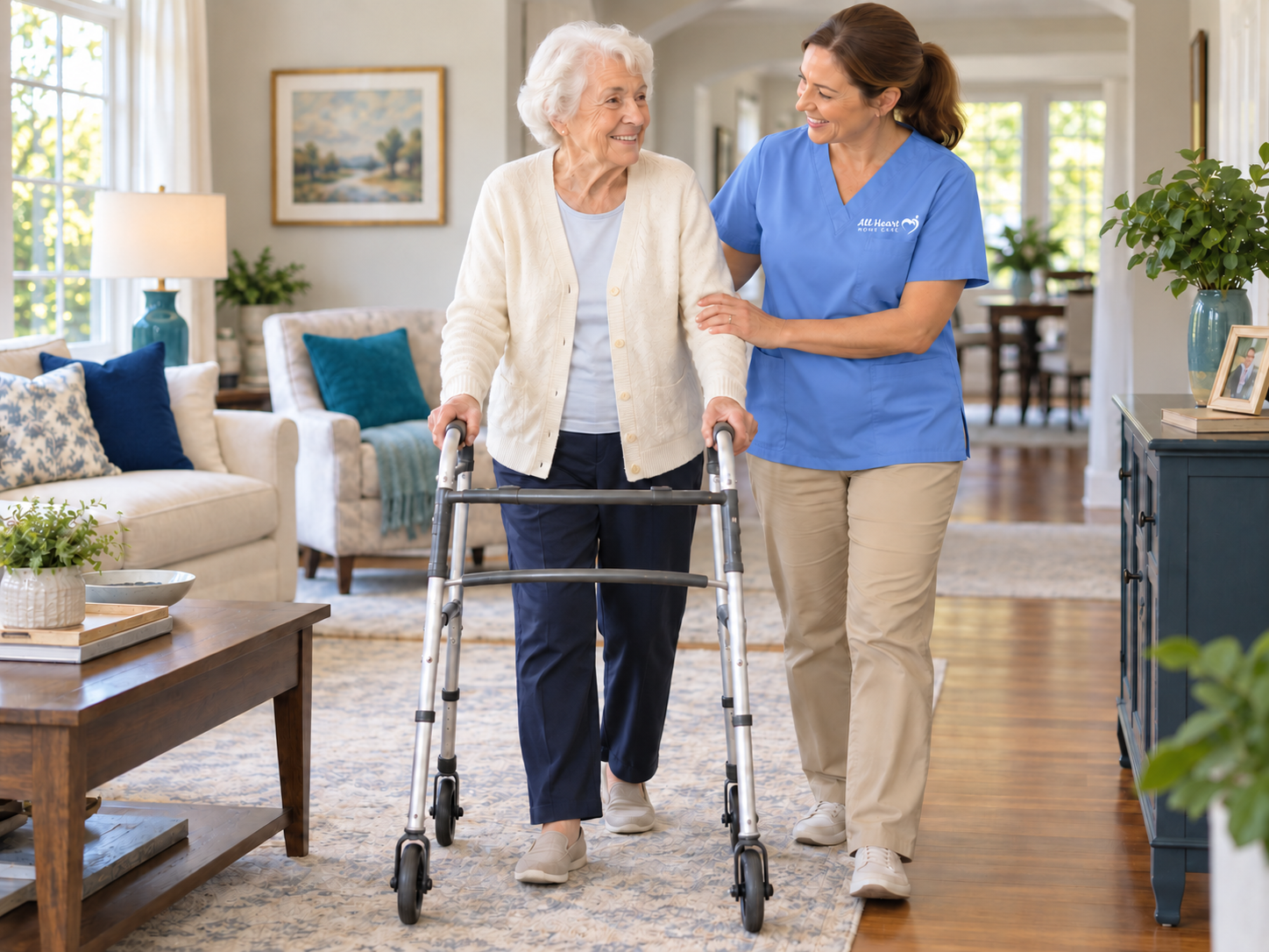 All Heart Home Care Honors 22 Caregiver In A Blue Scrub Top And Khaki Pants Supporting An Older Adult Walking With A Walker At Home