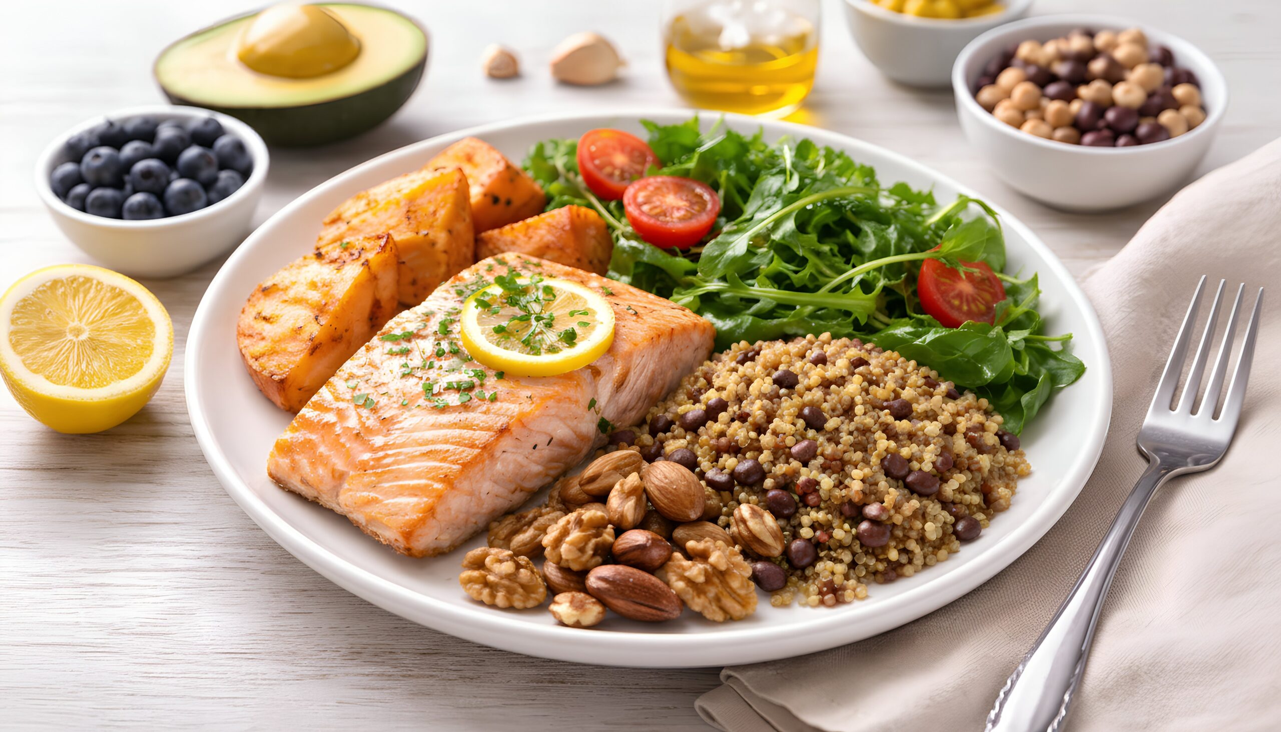 Longevity diet foods for seniors including vegetables legumes fish nuts and olive oil