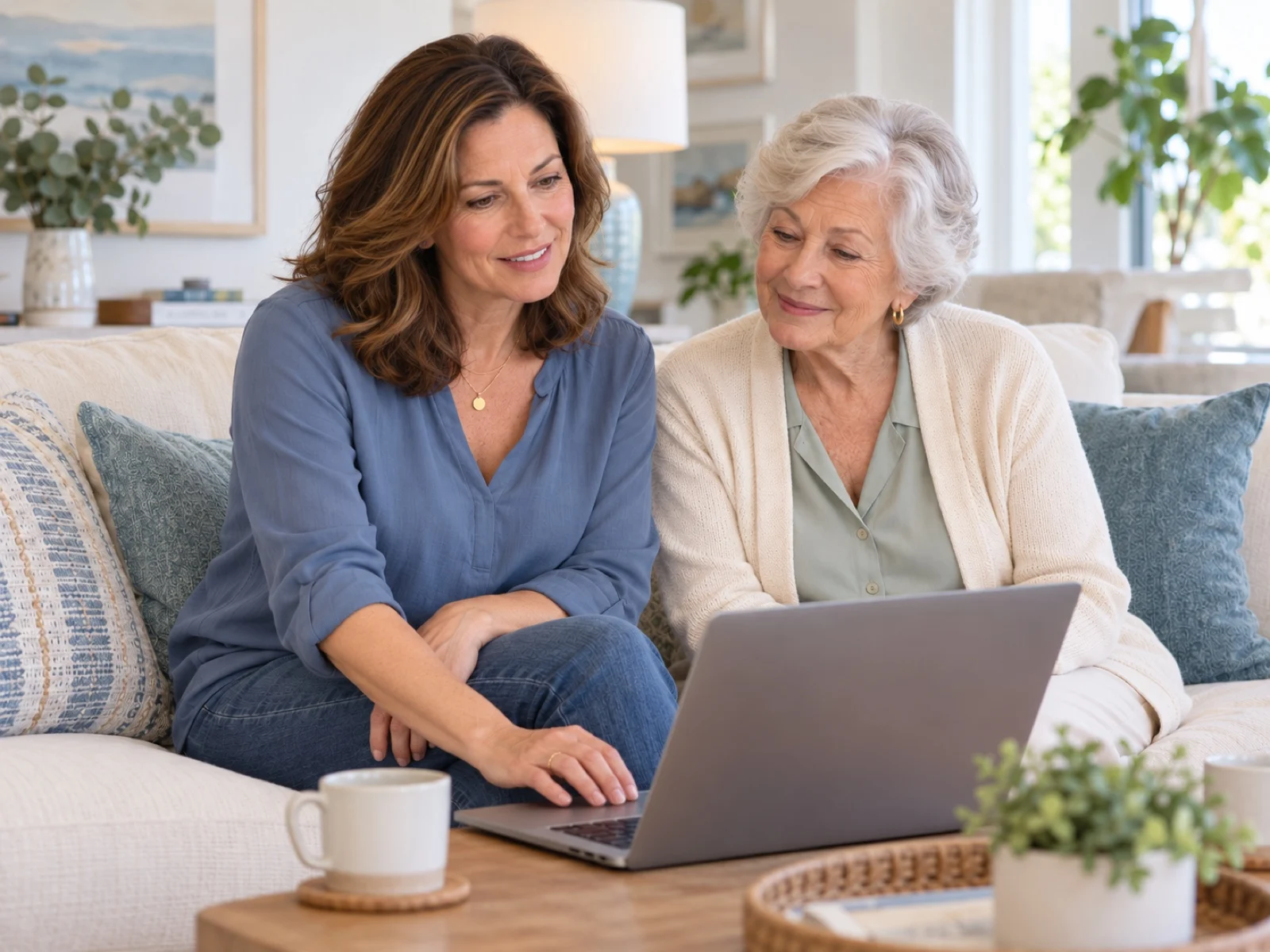 Daughter And Mother Reading Frequently Asked Questions On A Laptop